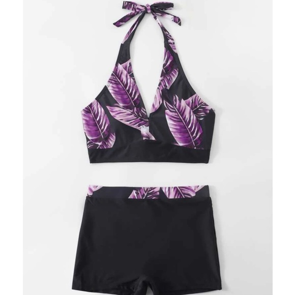 Shein Tropical Print Bikini Set Halter Wireless Bra Top & Shorts 2 piece set - Picture 4 of 10